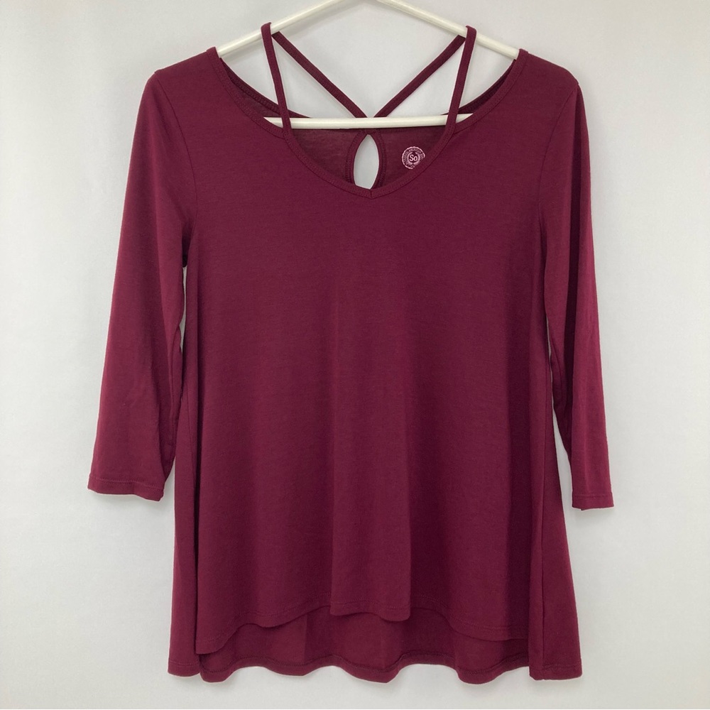 SO Burgundy Juniors 3/4 Sleeve Strappy V-Neck Knit Tunic High Low Hem Size S